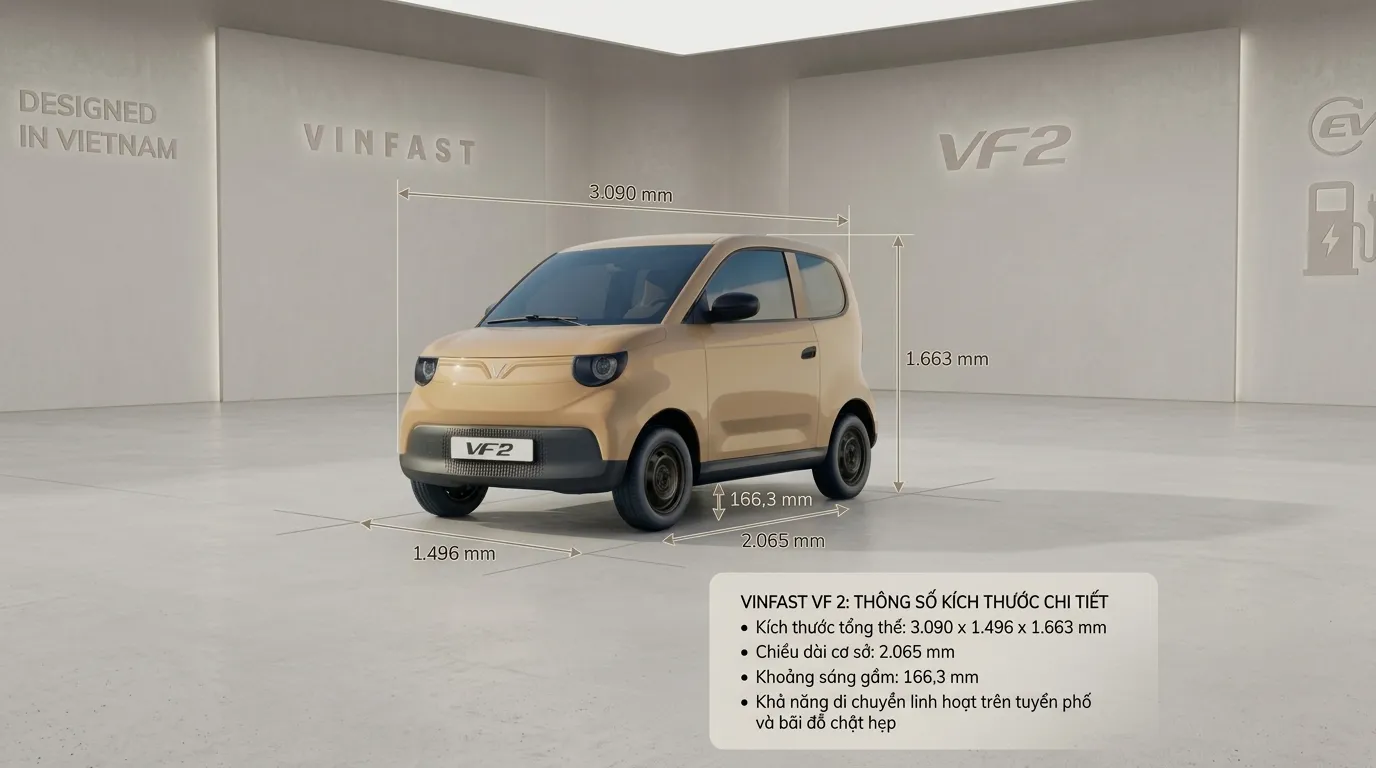 VinFast VF 2 sở hữu kích thước tổng thể 3.090 x 1.496 x 1.663 mm, chiều dài cơ sở 2.065 mm cùng khoảng sáng gầm 166,3 mm